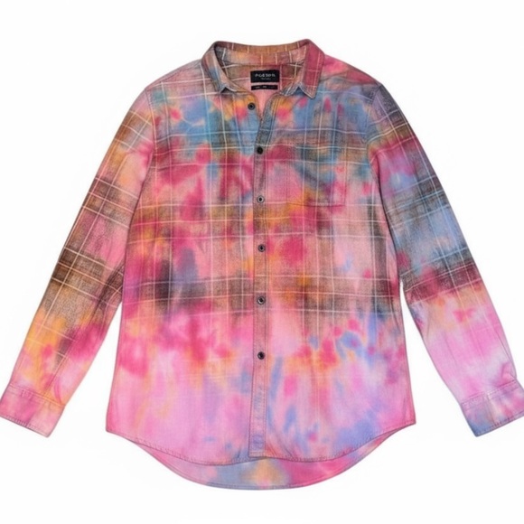 PacSun Tops - ⭐️PacSun Pink Colorful Retro Flannel Boho Button Down Long Sleeve Shirt Size L